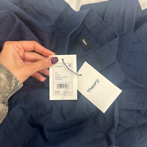 Theory Mens Medium Top Navy Linen NWT Finch Edward Essential Linen Button Down - Picture 2 of 2